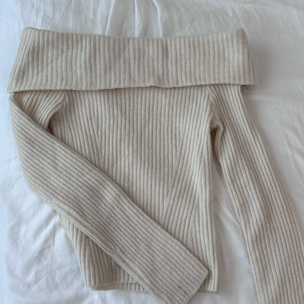 Off-Shoulder Ribbed Cream Women's Sweater